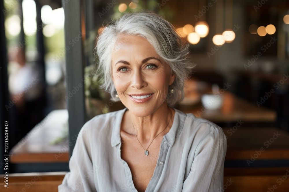 Portrait of a beautiful smiling senior woman with gray hair sitting in a restaurant, enjoying her leisure time Portrait of a beautiful smiling senior woman with gray hair sitting in a restaurant, enjoying her leisure time