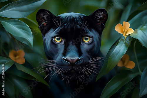 Colorful Street Art Panther Mural: Hyper-Realistic Graffiti with Tropical Leaves, Bougainvillea, Cute Big Eyes, Pastel Hues, Animal Print & Whimsical Details in Gary Greer & JOLA Style photo