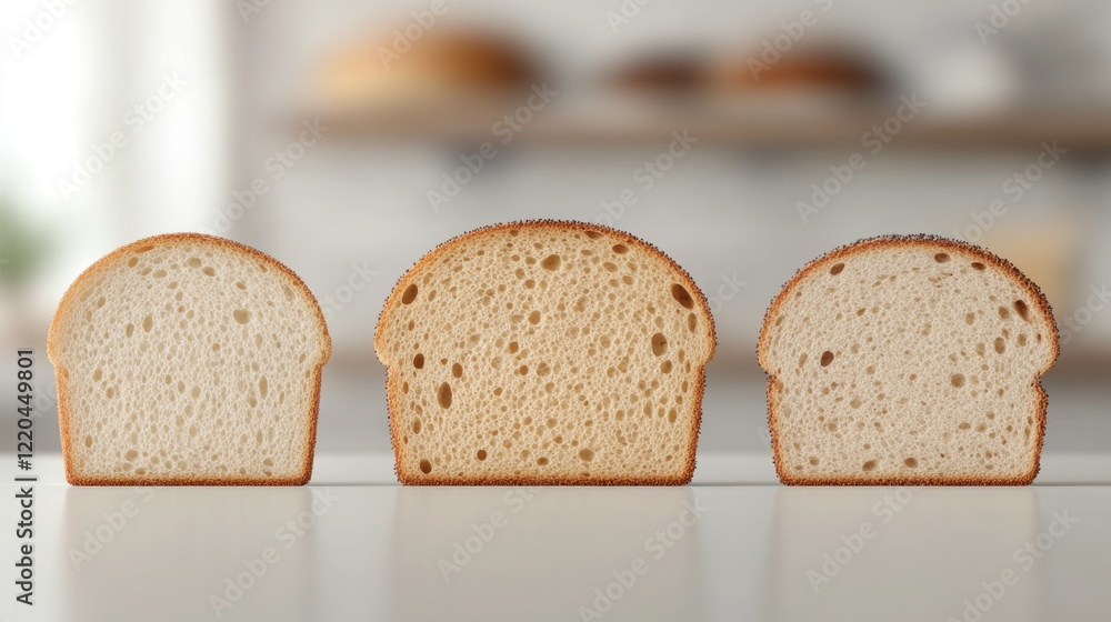 Bread slices displaying diverse textures and ingredients, positioned parallel on pristine surface with soft bakery background blurring behind golden brown crusts