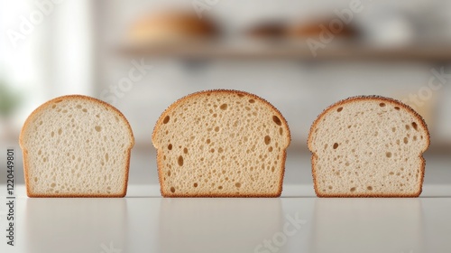Obraz na płótnie Bread slices displaying diverse textures and ingredients, positioned parallel on pristine surface with soft bakery background blurring behind golden brown crusts w salonie