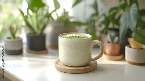 Wallpaper Mural A refreshing Matcha Latte with almond milk and a dusting of matcha powder on top, served in a minimalist, eco-friendly ceramic mug. Torontodigital.ca