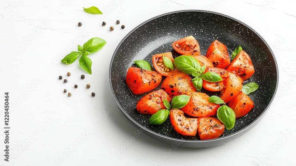 Fresh Tomato Salad with Basil on a Black Plate Surrounded by Spices and Herbs Fresh Tomato Salad with Basil on a Black Plate Surrounded by Spices and Herbs
