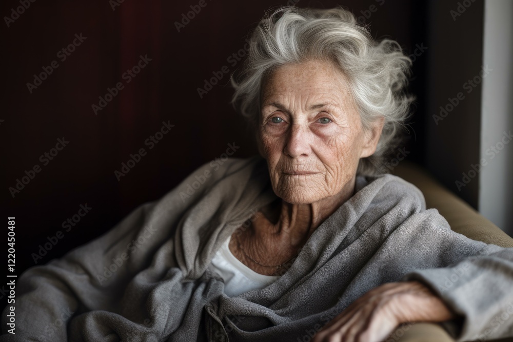 Elderly woman relaxing on comfortable armchair, portrait of a senior citizen aging gracefully Elderly woman relaxing on comfortable armchair, portrait of a senior citizen aging gracefully