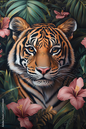 Colorful Street Art Tiger Mural: Hyper-Realistic Graffiti with Tropical Leaves, Bougainvillea, Cute Big Eyes, Pastel Hues, Animal Print & Whimsical Details in Gary Greer & JOLA Style photo