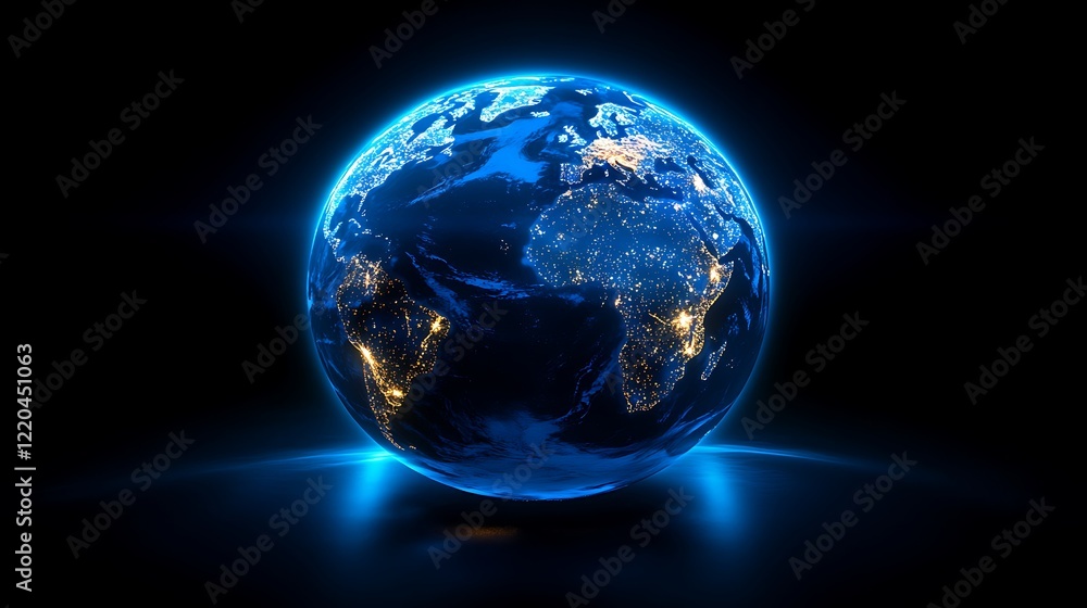 Fototapeta premium A blue Earth with lights on it centered, Realistic 3d planet earth