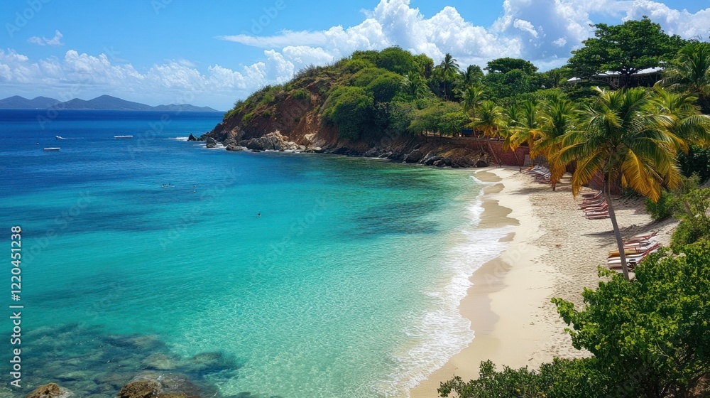 Fototapeta premium Serene Caribbean Beach Paradise: Pristine Sands, Turquoise Waters, Lush Greenery