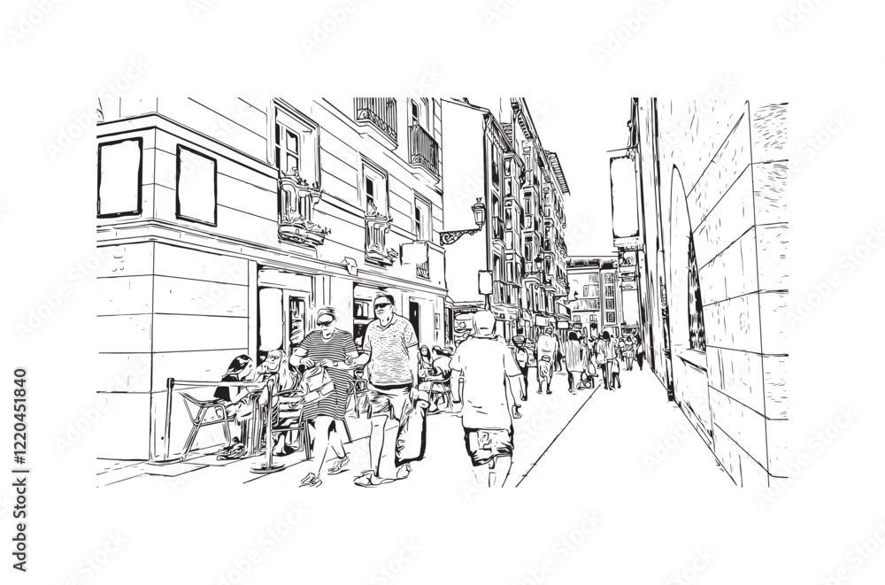 Obraz premium Print Building view with landmark of Burgos city in Spain. Hand drawn sketch illustration in vector.