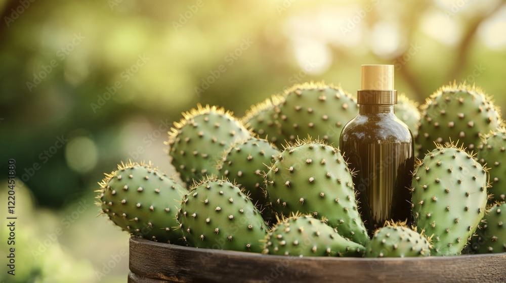 Dark glass bottle containing prickly pear seed oil resting among fresh green cactus pads in wooden bowl. Warm sunlight highlighting natural skincare ingredient