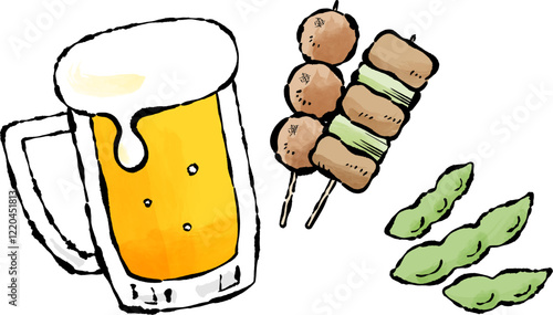 ビール、焼き鳥、枝豆のベクターイラストセット ねぎま つくね 焼鳥 やきとり ジョッキ