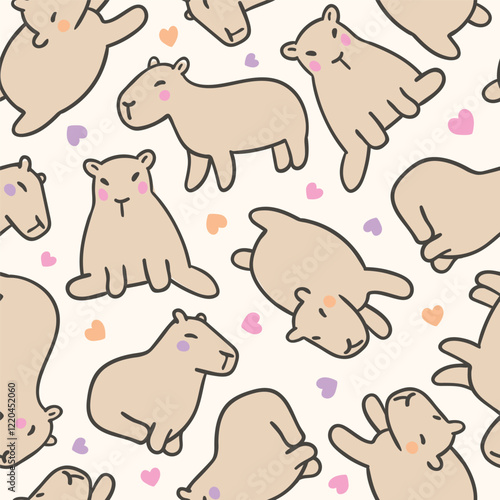 Cute hand drawn seamless pattern with capybaras and hearts. Animal vector background for fabric or goods design. Funny allover print for kids clothes and accessories