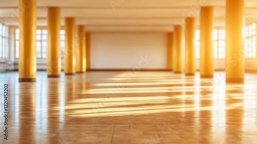 Obraz na płótnie Soft sunlight streaming through spacious interior, illuminating elegant marble columns, polished wooden flooring, casting delicate shadows across pristine architectural space w salonie