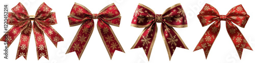 Elegant red and gold holiday bows with snowflake designs isolated on transparent background