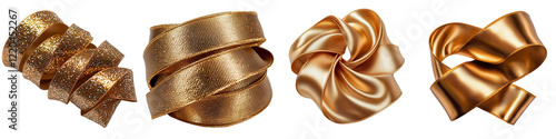 Elegant golden ribbons in various styles and textures isolated on transparent background