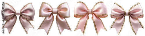 Elegant pink satin bows with gold trim variations isolated on transparent background