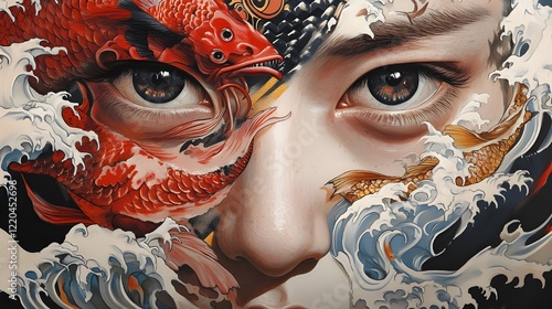 Intricate Koi and Waves: A Realistic Portrait in Vibrant Hues