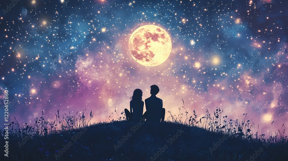 Fototapeta premium Romantic Couple Silhouetted Against a Magical Night Sky with a Large Moon and Sparkling Stars