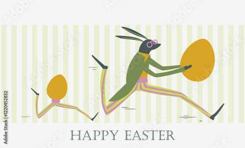 easter bunny with easter egg running down the road