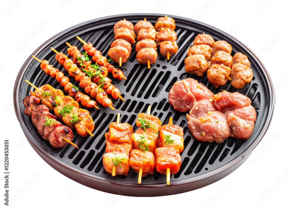 PNG Skewers grilling on a round BBQ PNG Skewers grilling on a round BBQ