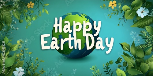 Fototapeta Naklejka Na Ścianę i Meble -  Happy earth day greeting card featuring planet earth surrounded by a frame of lush green plants and flowers on a vibrant turquoise background