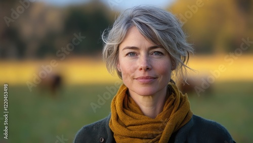 Woman with Short Gray Hair in a Scenic Outdoor Environment Wearing a Cozy Scarf Surrounded by Nature and Cattle in the Background, Emphasizing Rural Life and Serenity
