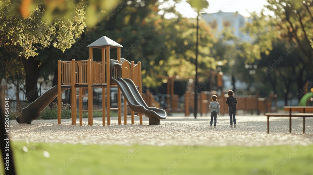 Children playing hide and seek on sunlit playground, green grass and tall trees framing childlike joy and carefree summer moments