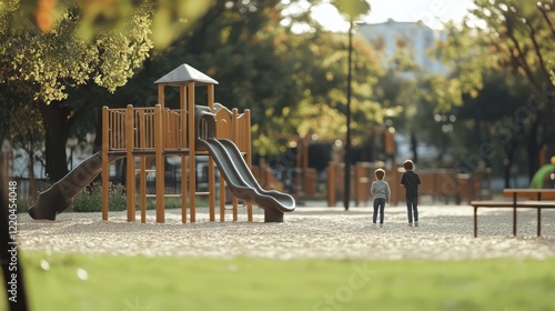 Obraz na płótnie Children playing hide and seek on sunlit playground, green grass and tall trees framing childlike joy and carefree summer moments w salonie