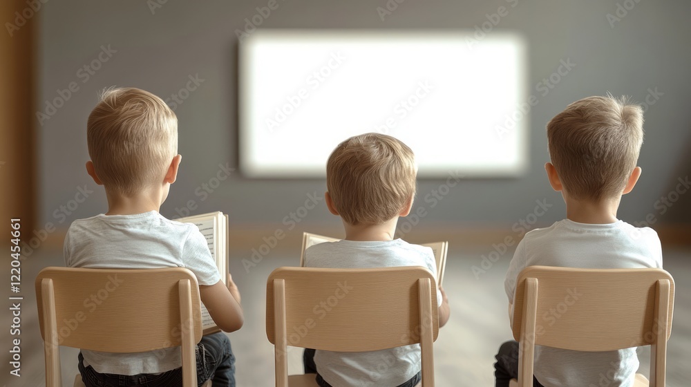Young learners seated on wooden chairs, reading books near blank white classroom wall, representing early childhood literacy and learning environment