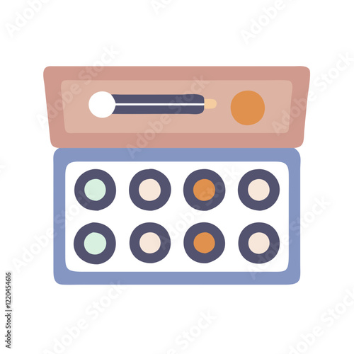 Peach and blue makeup palette with multiple colors and applicator
