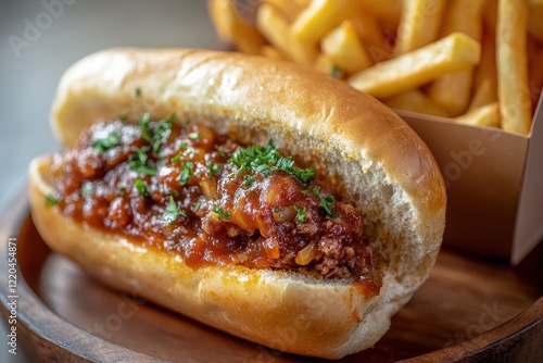 Sloppy Joe sandwich, fries, wooden tray, restaurant, close-up photo