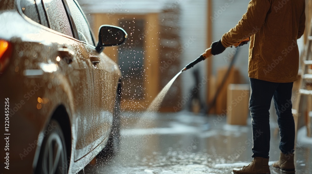 Car wash employee using pressure washer to clean vehicle, soap suds and water spraying everywhere in garage, creating a refreshing and clean atmosphere