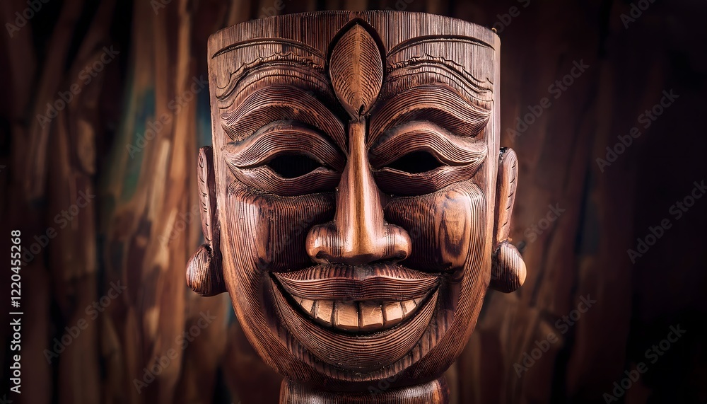 Wooden Mask with Detailed Smiling Face Carving Wooden Mask with Detailed Smiling Face Carving