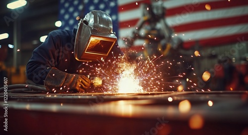 Welder working on metal fabrication in industrial workshop with American flag in background