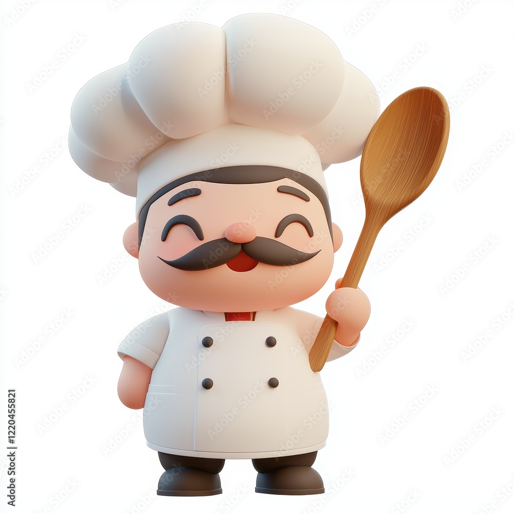 3D icon cartoon chef wearing a tall hat and holding a wooden spoon isolated on a white background 3D icon cartoon chef wearing a tall hat and holding a wooden spoon isolated on a white background