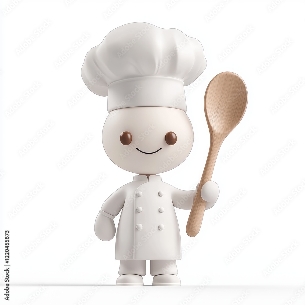 3D icon cartoon chef wearing a tall hat and holding a wooden spoon isolated on a white background 3D icon cartoon chef wearing a tall hat and holding a wooden spoon isolated on a white background