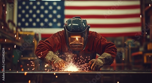 Skilled welder working on metal fabrication in a workshop with American flag backdrop