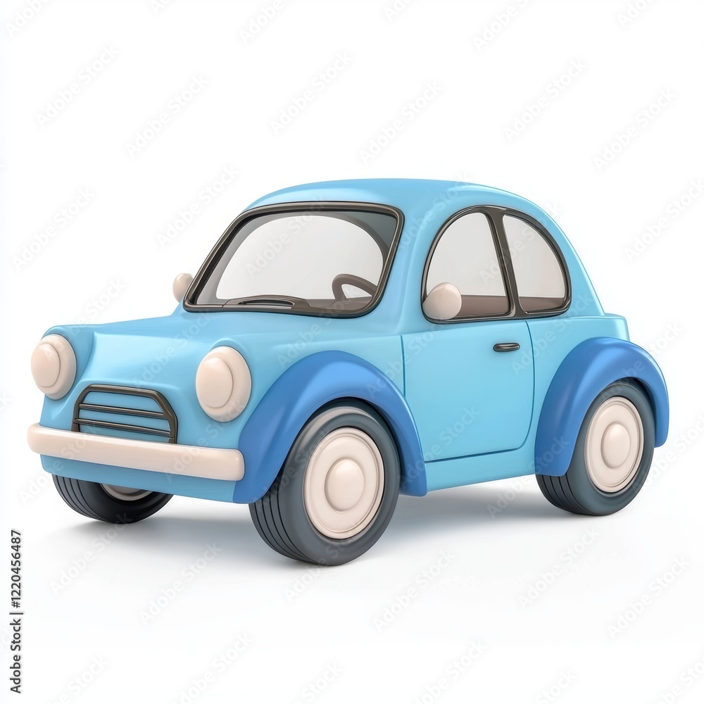 3D icon cartoon cute blue compact car with round headlights isolated on a white background 3D icon cartoon cute blue compact car with round headlights isolated on a white background