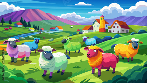 Sheep marked with colorful dye grazing in green pastures of Ireland