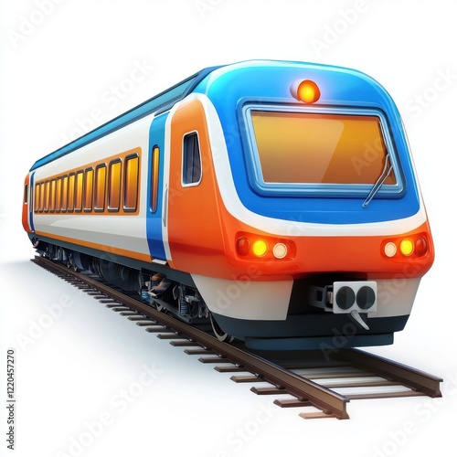 3D icon cartoon commuter train with lit windows, isolated on a white background 