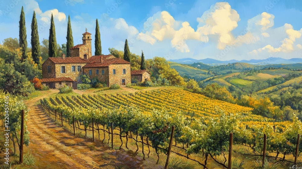 Naklejka premium Tuscan Villa Vineyard Landscape Under Sunny Skies