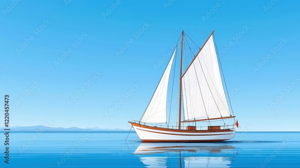 Fototapeta premium Peaceful Sailing Boat on Calm Water Under Clear Blue Sky with Reflection