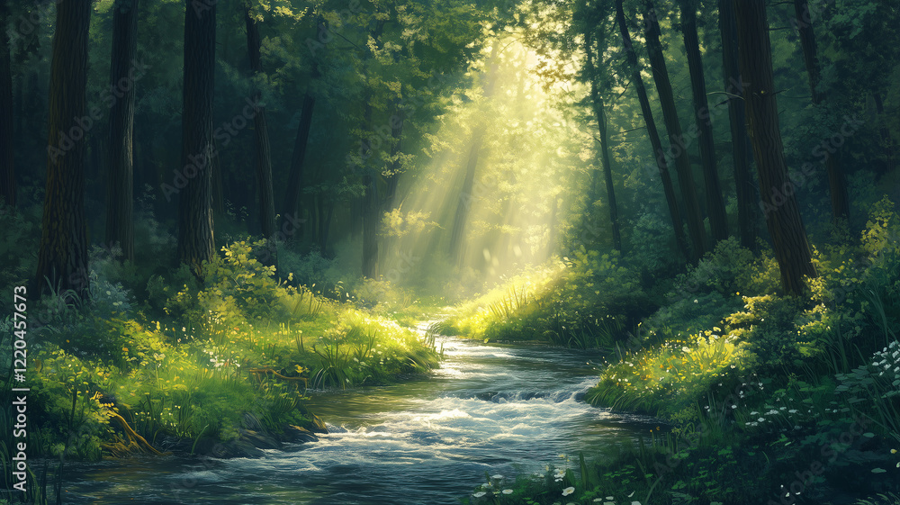 Obraz premium Sunlit Forest Path with Tranquil Stream