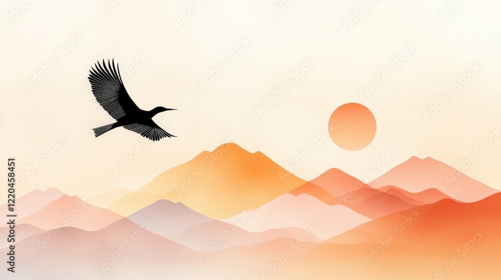 Naklejka premium Silhouette of a Bird Flying Over Abstract Mountain Landscape at Sunset with Warm Tones