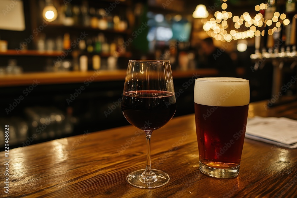 Glass of red wine and pint of beer resting on wooden bar counter Glass of red wine and pint of beer resting on wooden bar counter