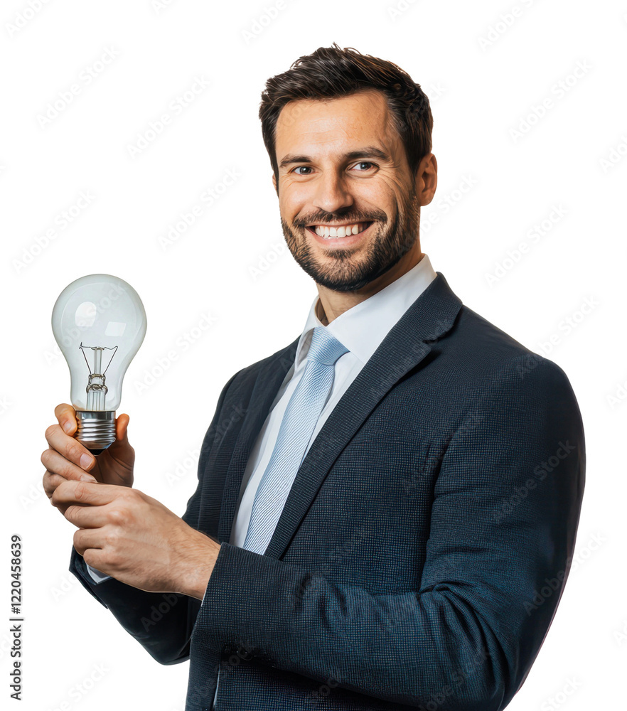 PNG Businessman holding a light bulb while smiling PNG Businessman holding a light bulb while smiling