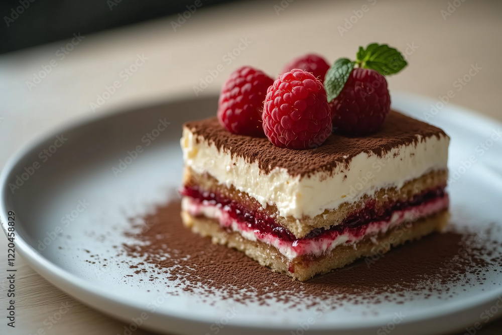 close-up of a slice of raspberry tiramisu dessert, featuring layers of creamy mascarpone, cocoa dusted ladyfingers, and fresh vibrant raspberries on top, served on a light rustic ceramic plate close-up of a slice of raspberry tiramisu dessert, featuring layers of creamy mascarpone, cocoa dusted ladyfingers, and fresh vibrant raspberries on top, served on a light rustic ceramic plate