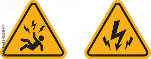 Yellow triangle vector icon of electric shock warning sign in silhouette style. High voltage electricity icon symbol. Warning, caution and information symbol icon for the public. Vector illustration