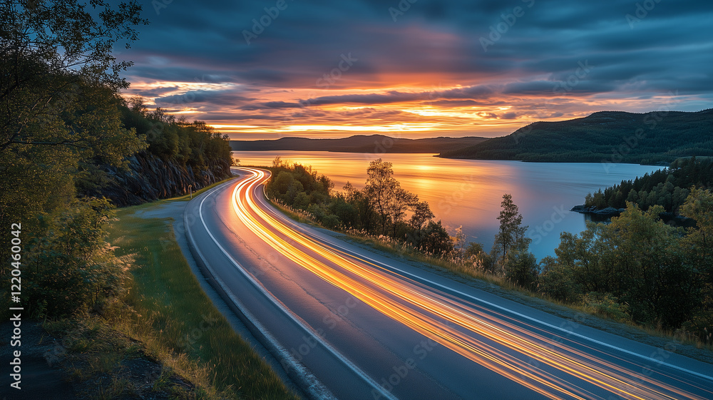 Naklejka premium Scenic Sunset Over Lake With Winding Road And Light Trails