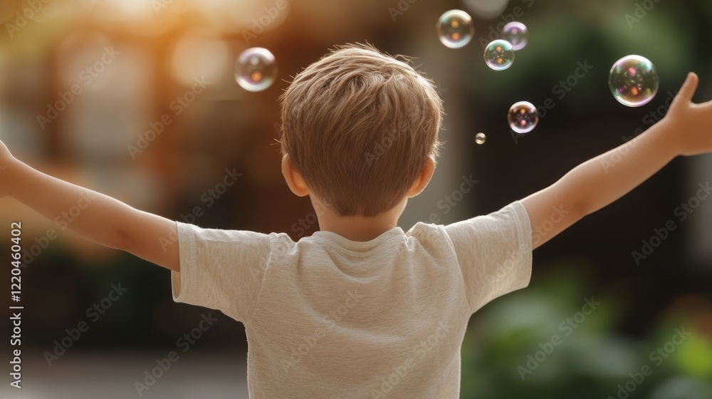 Young boy spreading arms, blowing soap bubbles in backyard, golden sunlight casting warm glow, embodying childhood innocence and pure happiness