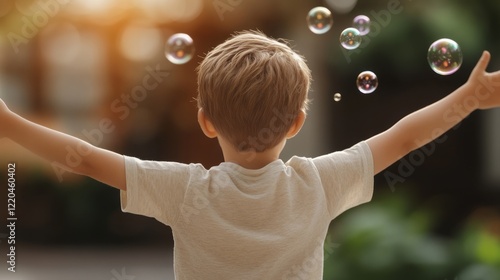 Obraz na płótnie Young boy spreading arms, blowing soap bubbles in backyard, golden sunlight casting warm glow, embodying childhood innocence and pure happiness w salonie