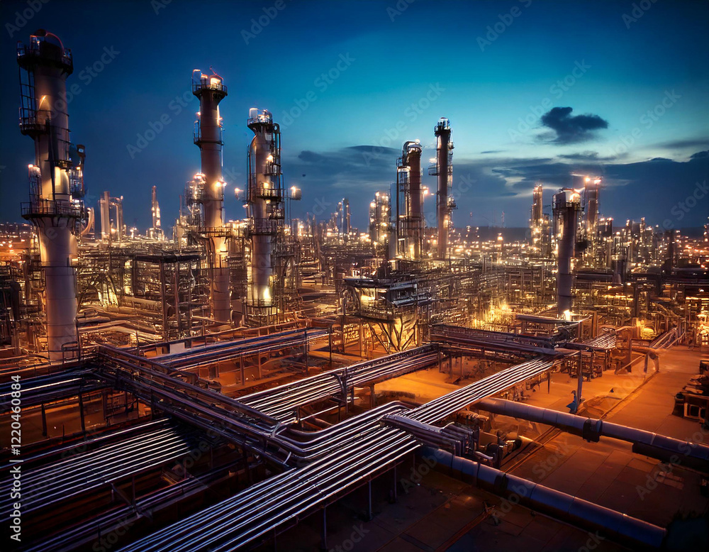 Fototapeta premium A large industrial area with many pipes and a lot of lights. The lights are on at night